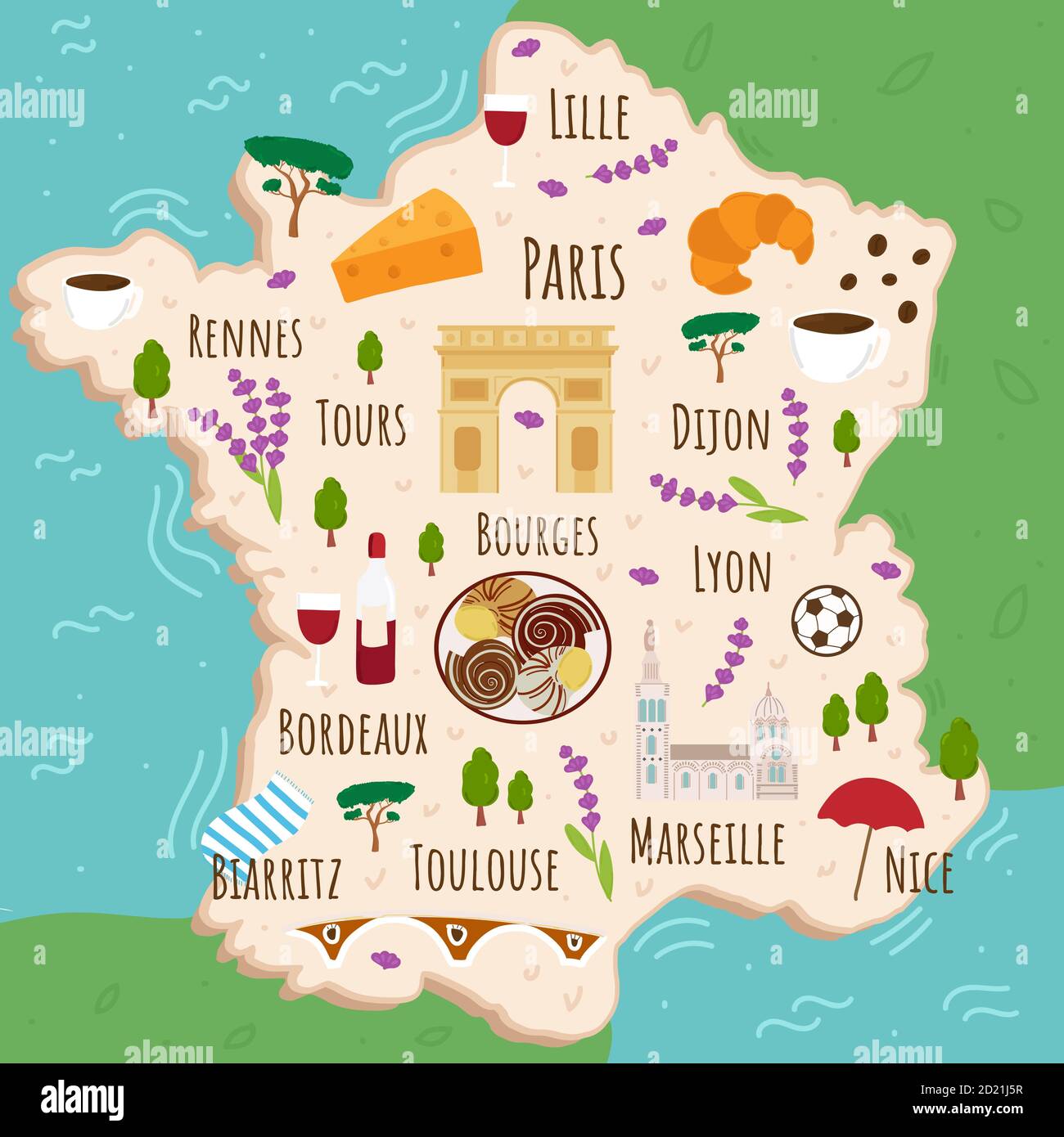 Cartoon map of France. Travel illustration with landmarks, buildings, food and plants. Funny tourist infographics. National symbols. Famous Stock Vector