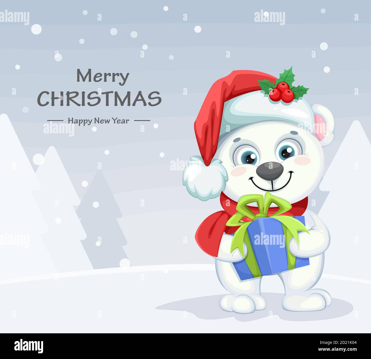 Cute polar bear cartoon character holding gift box. Merry Christmas and ...