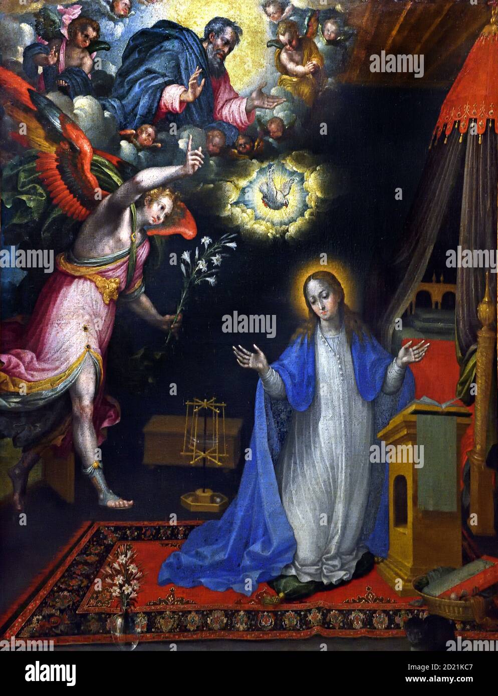 The Annunciation 1609-1643 López de Herrera, Alonso  Mary, kneeling in the middle of a room, Receive the news that she is going to give birth to a child whom she will name Jesus. The bearer of the good news is the archangel Saint Gabriel. Spain, Spanish, Stock Photo