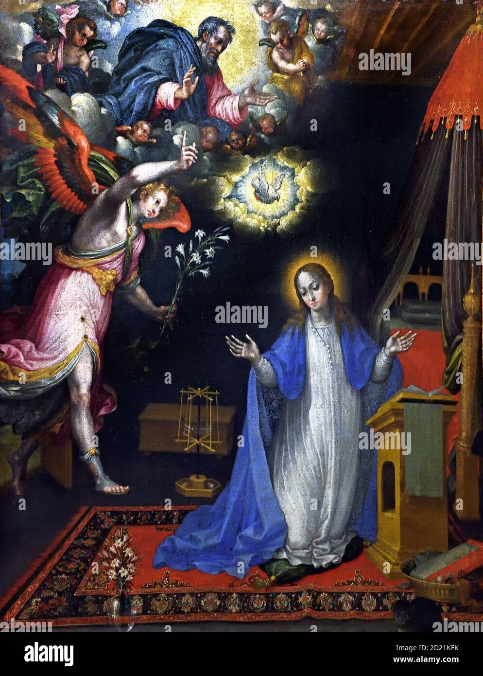 The Annunciation 1609-1643 López de Herrera, Alonso  Mary, kneeling in the middle of a room, Receive the news that she is going to give birth to a child whom she will name Jesus. The bearer of the good news is the archangel Saint Gabriel. Spain, Spanish, Stock Photo