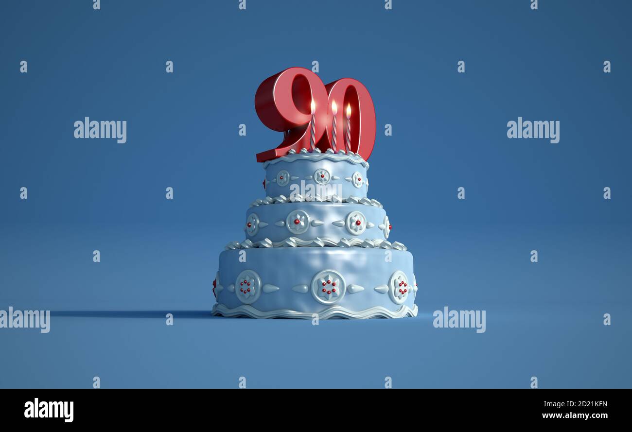 3D rendering of a big blue birthday cake with a big number ninety on ...