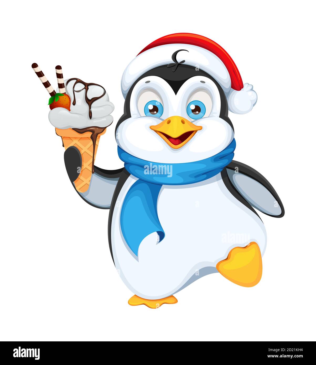 Cute penguin holding icecream. Merry Christmas and Happy New Year