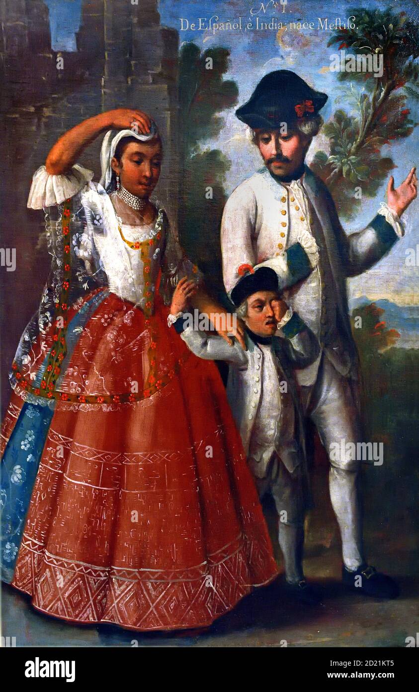 From Spanish and Indian, mestizo 1774 by Andrés de Islas (active c.1753-1775) Mexico Mexican America, American, ( The scene in this painting represents an Indian woman with a man and a child for a walk on a background of tree branches and a ruined building ) Stock Photo