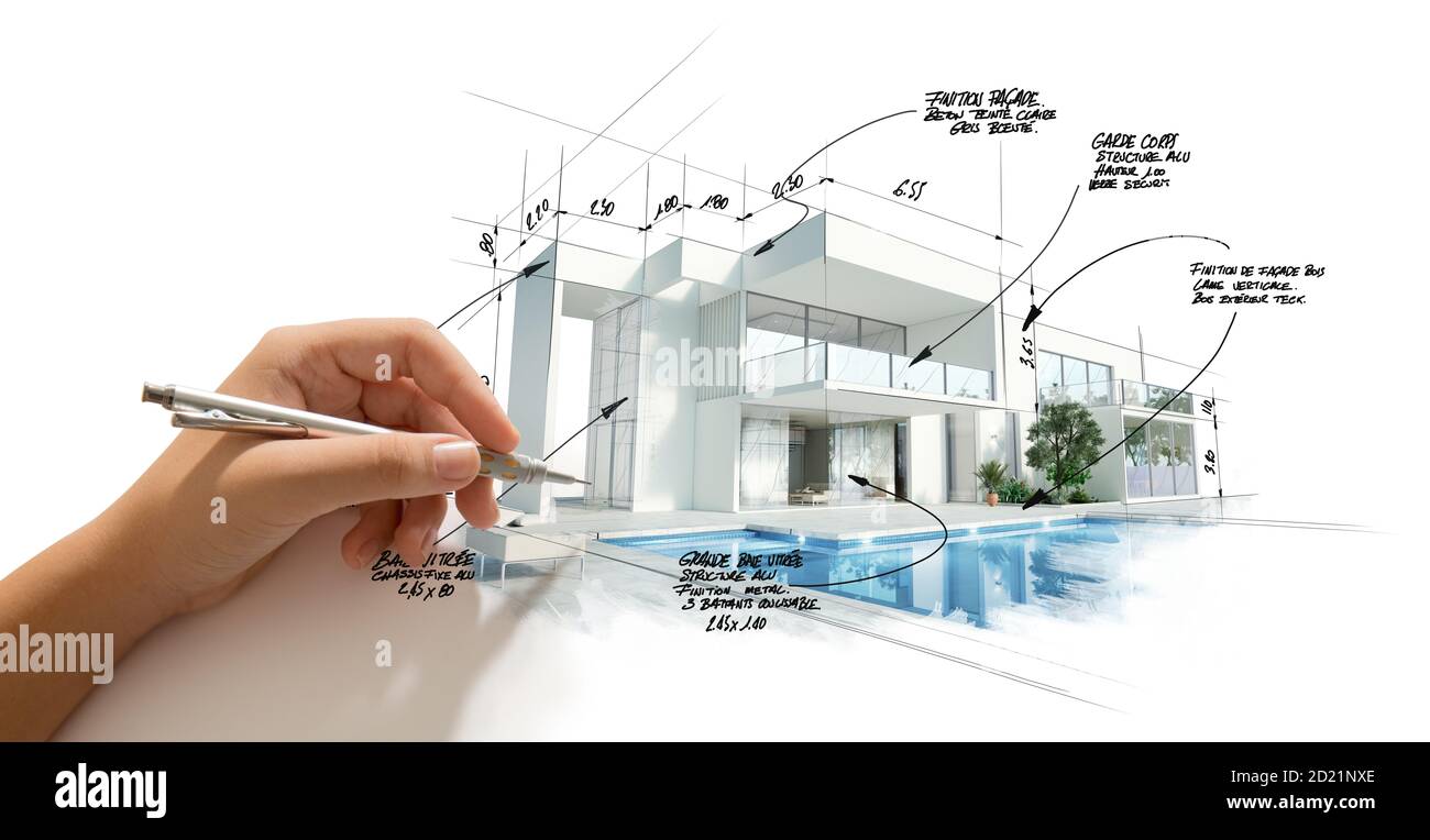 3D rendering of a modern high end architecture project with a hand