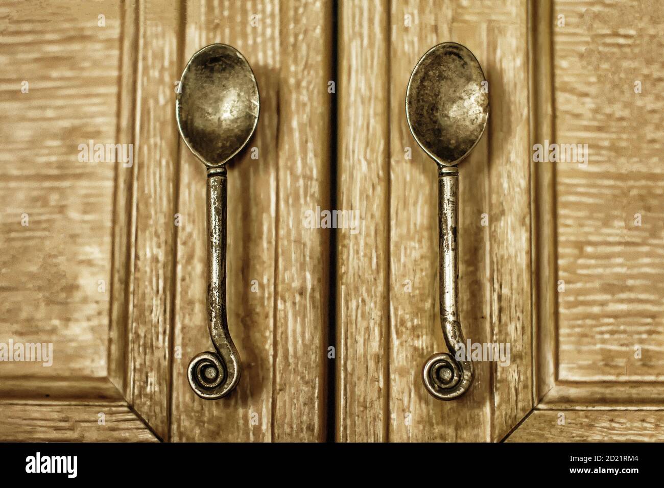 Ancient Bronze Handles Wooden Cabinet In The Form Of Spoons Vintage Cafe Diner Detail Close Up Shabby Retro Style Handles At The Door In The Kitch Stock Photo Alamy