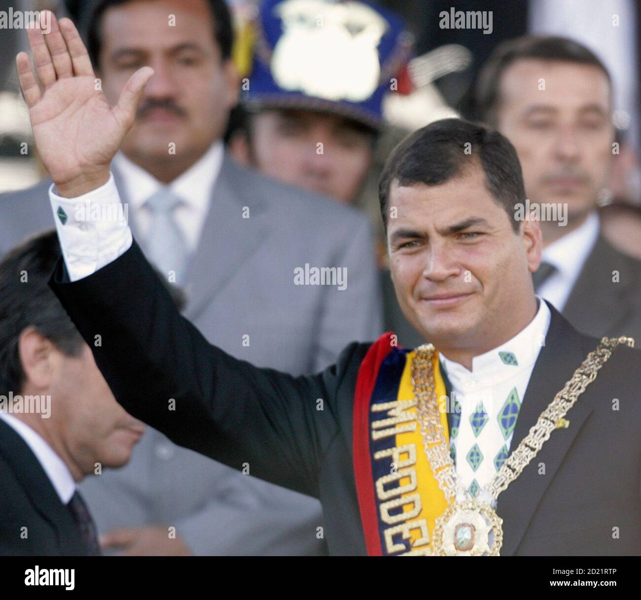 Ecuador's new President Rafael Correa greets supporters in Middle of the  World town near Quito, January 15, 2007. President Correa assumes the  presidency of Ecuador, vowing to bring radical change to a