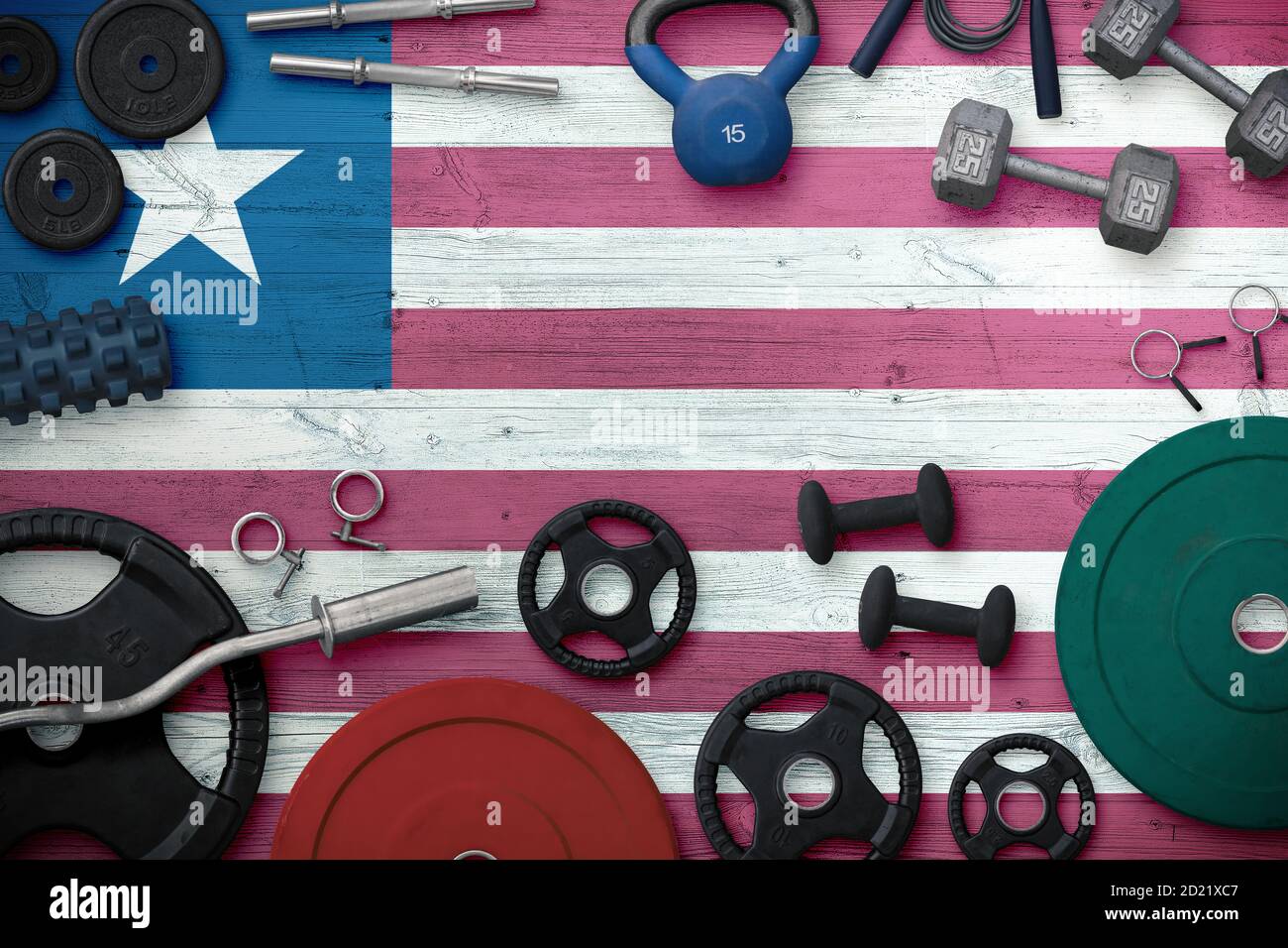 Liberia sports and fitness concept. Top view of heavy weight plates
