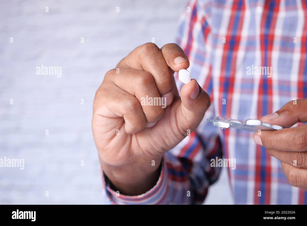 hand holding pills with copy space  Stock Photo