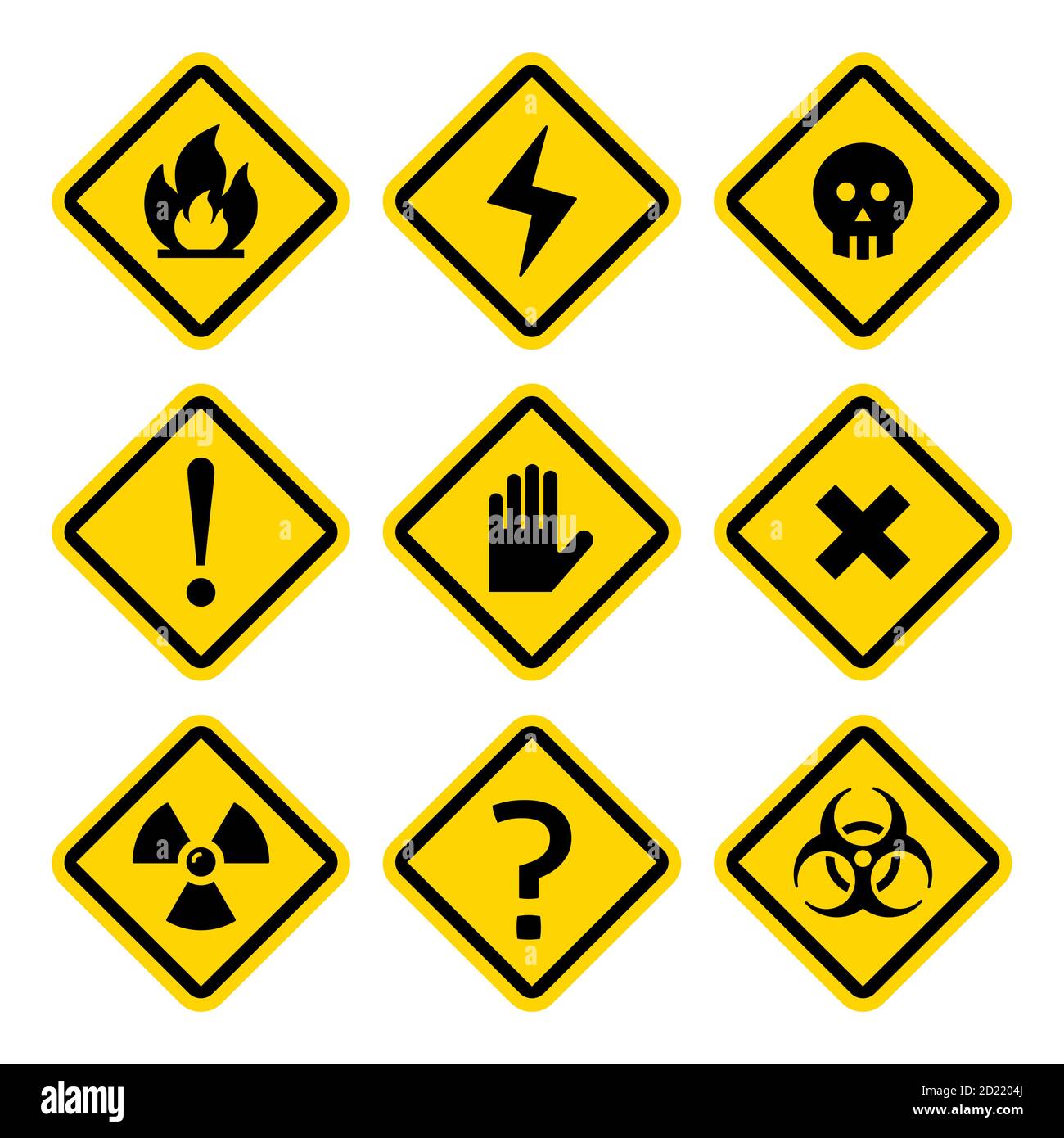 Danger, rhombus yellow warning signs - vector health and safety design set Stock Vector