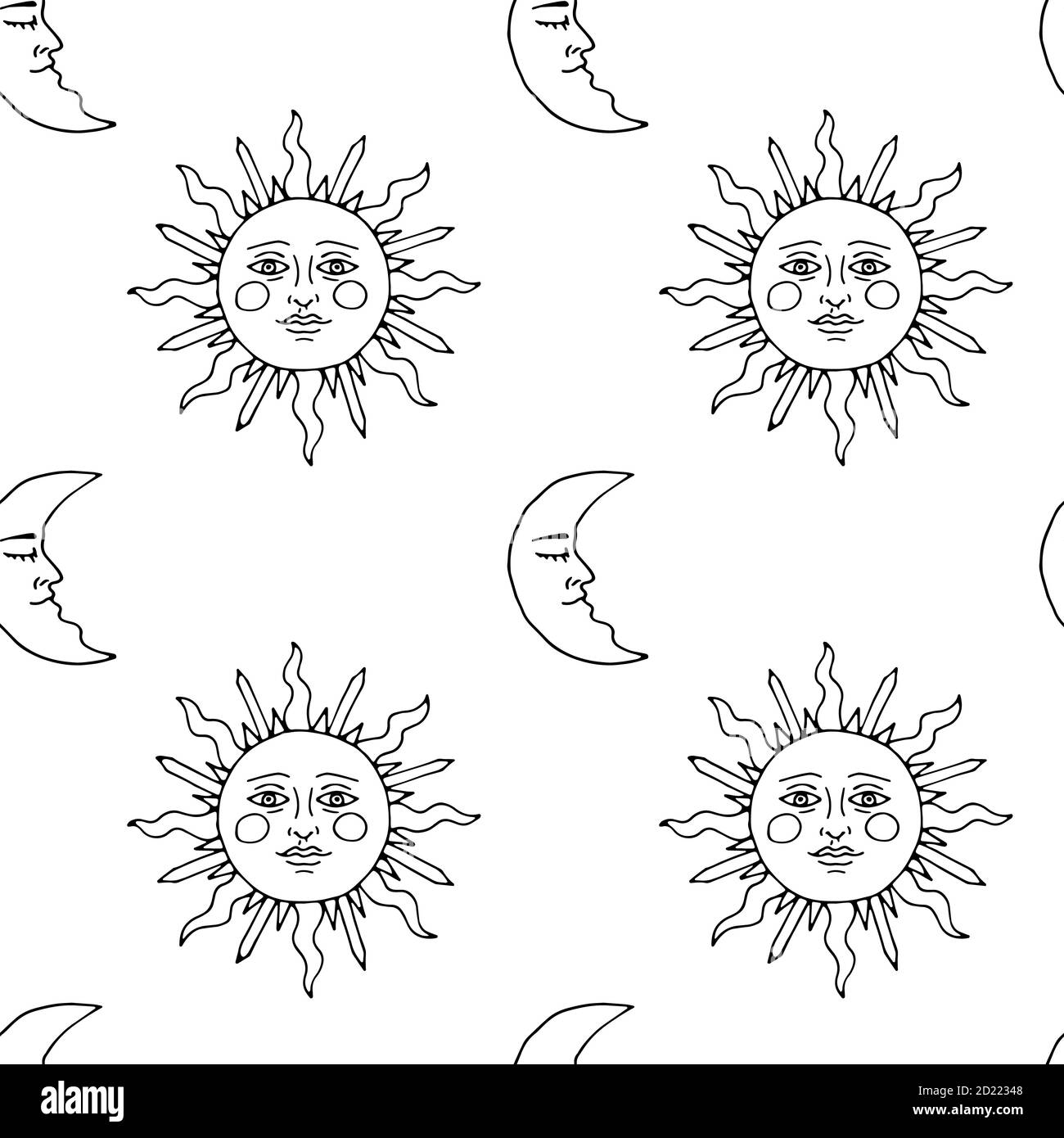 Monochrome seamless pattern with hand drawn suns and crescents on white ...