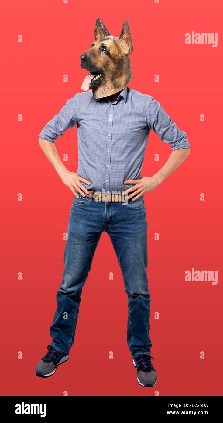 Man wearing dog mask with head turned and hands on hips on red