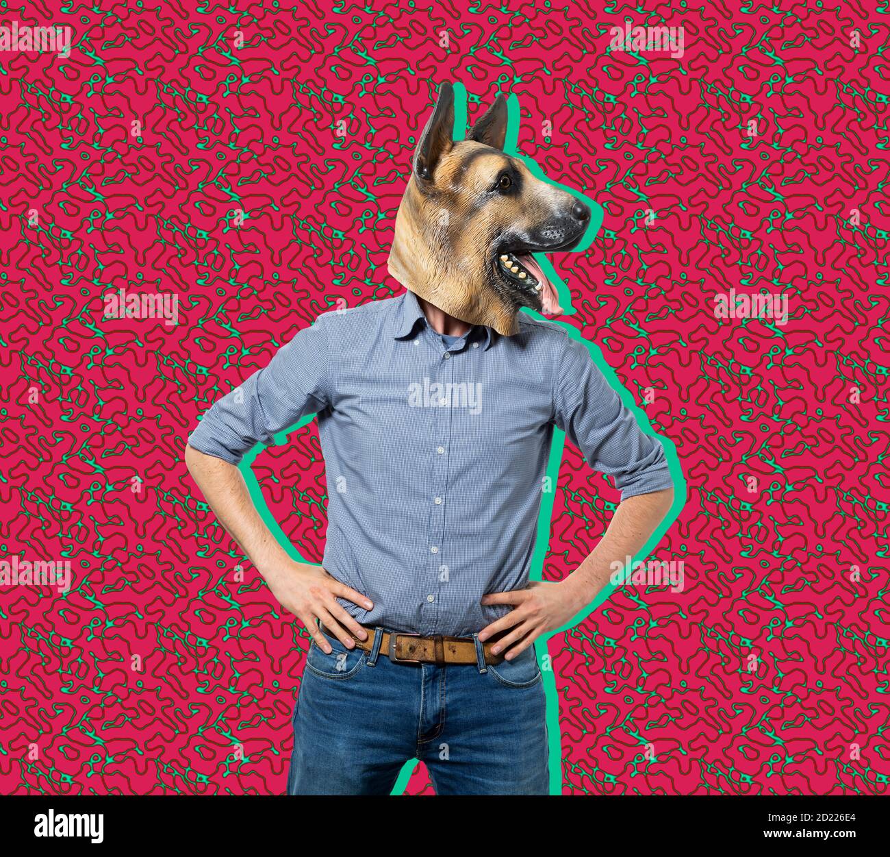 Man in dog mask with hands on hips and head turned on lowfi