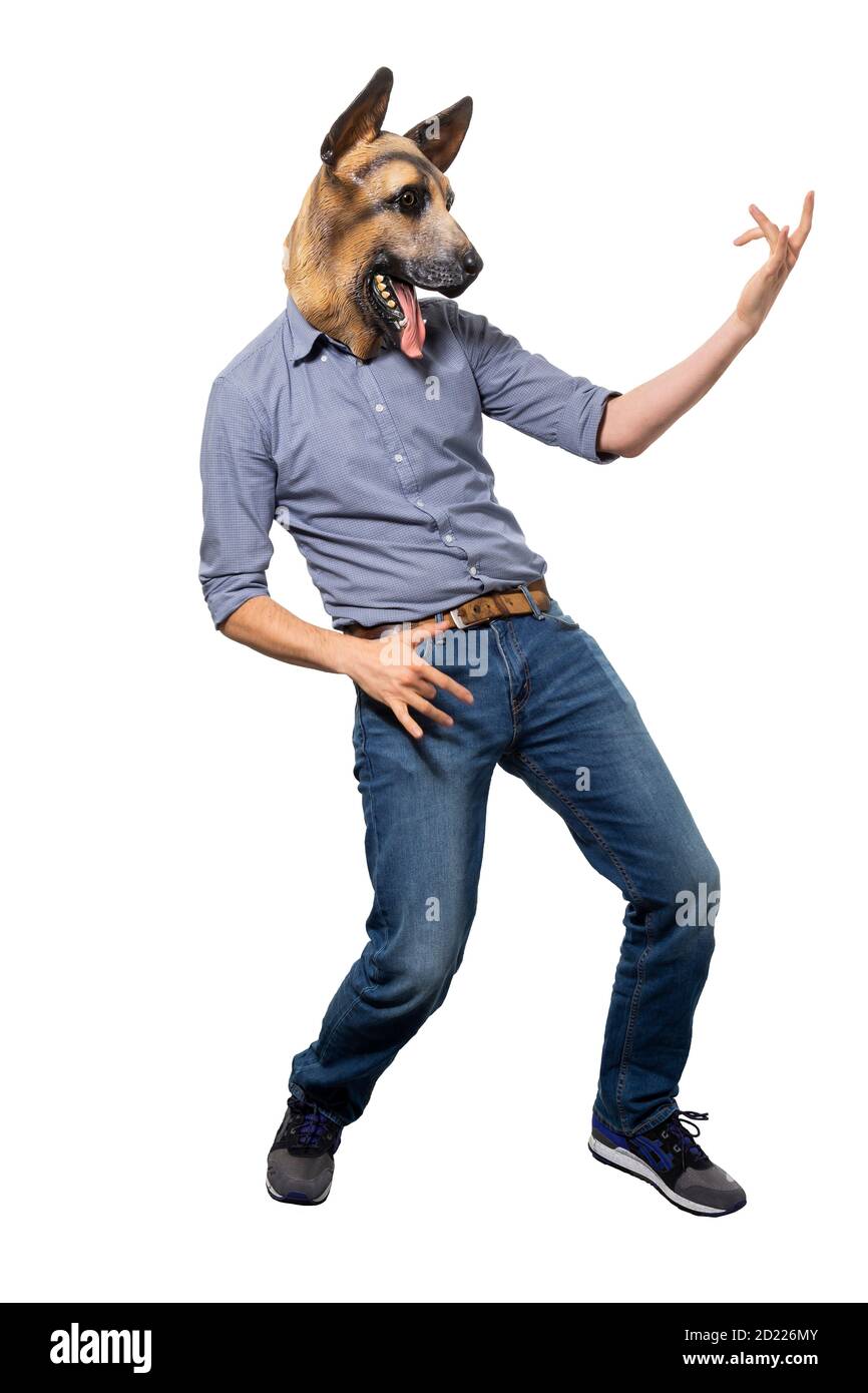 Man wearing dog mask playing air guitar on isolated white background