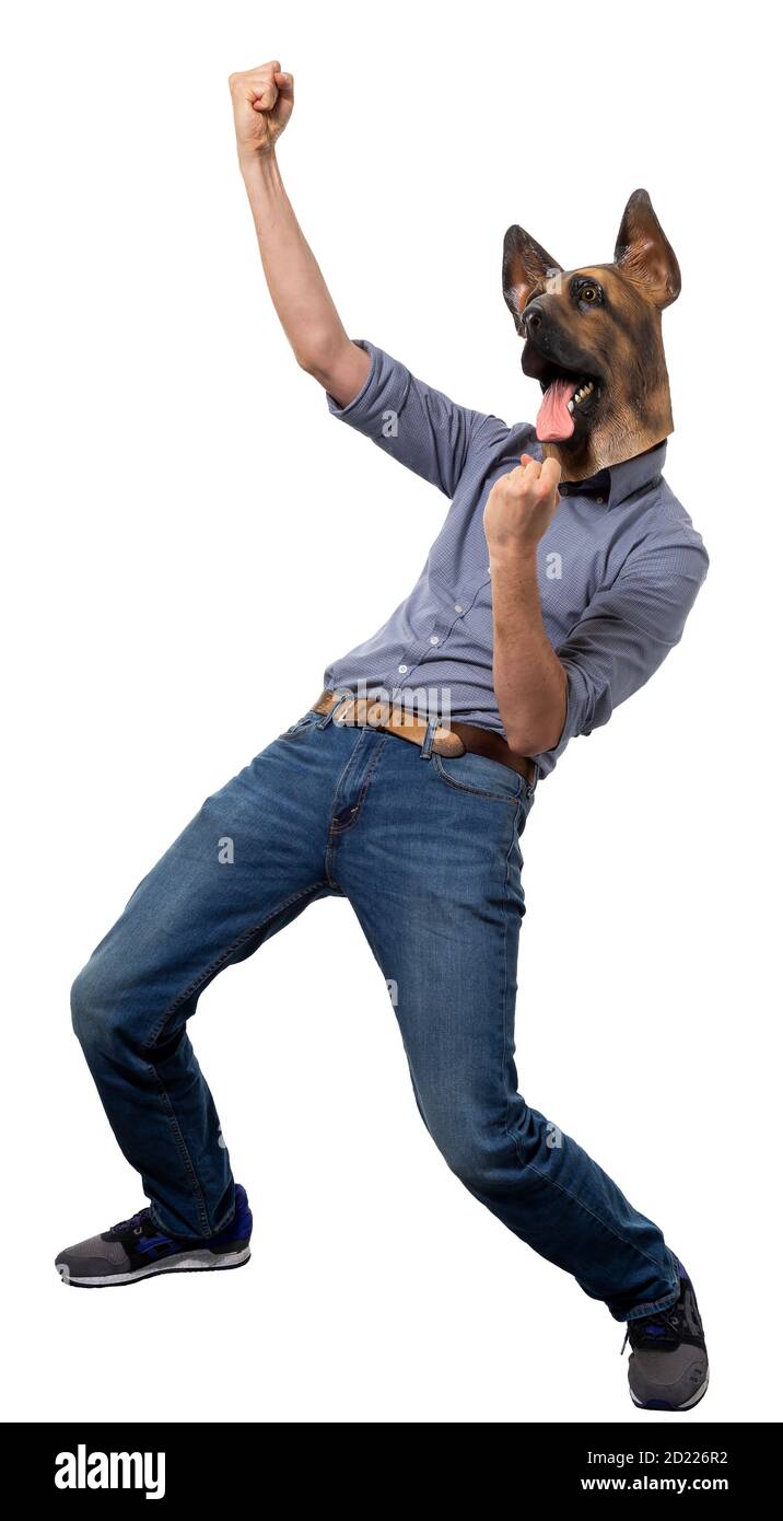 Man wearing dog mask celebrating. Isolated cutout on white background