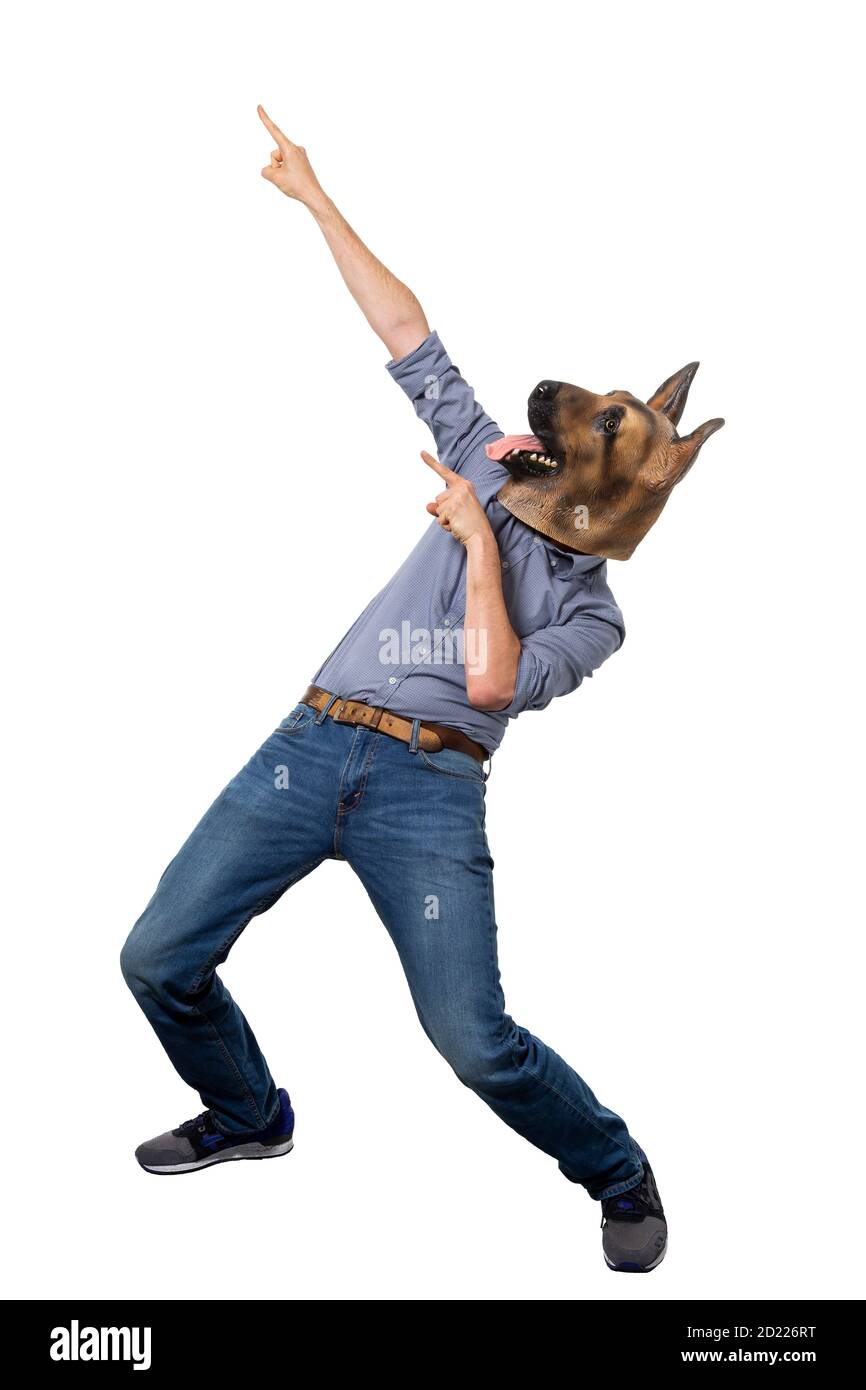 Man in dog mask celebrating with index finger pointing up. Isolated