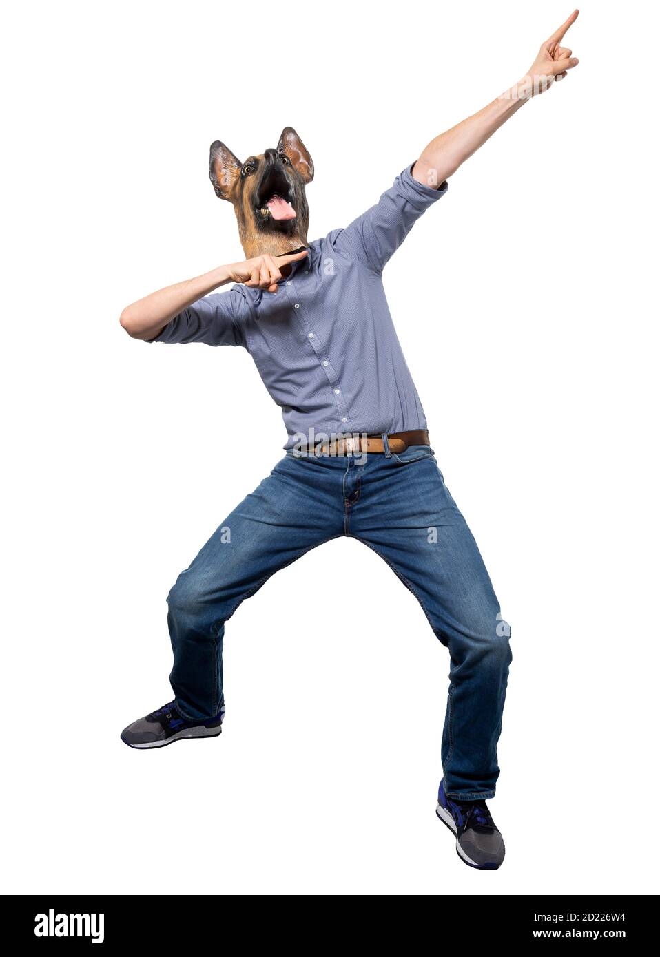 Man in dog mask in success celebration pose. Isolated white background