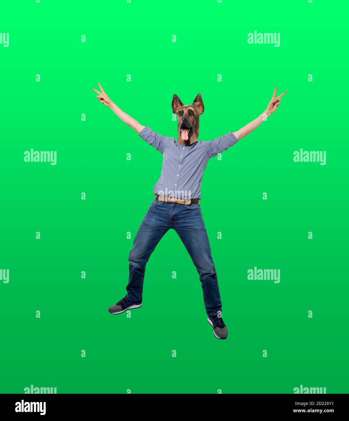 Man in dog mask in celebration success peace sign pose. Full length