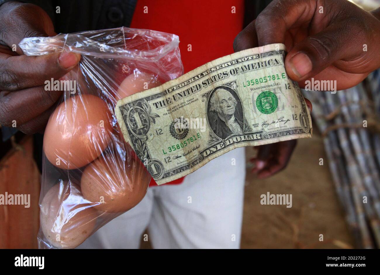 A man buy eggs using a U.S. one dollar bill at a market in Harare June 17,  2010. Zimbabwe's inflation quickened to 6.1 percent year-on-year in May  compared with 4.8 percent in