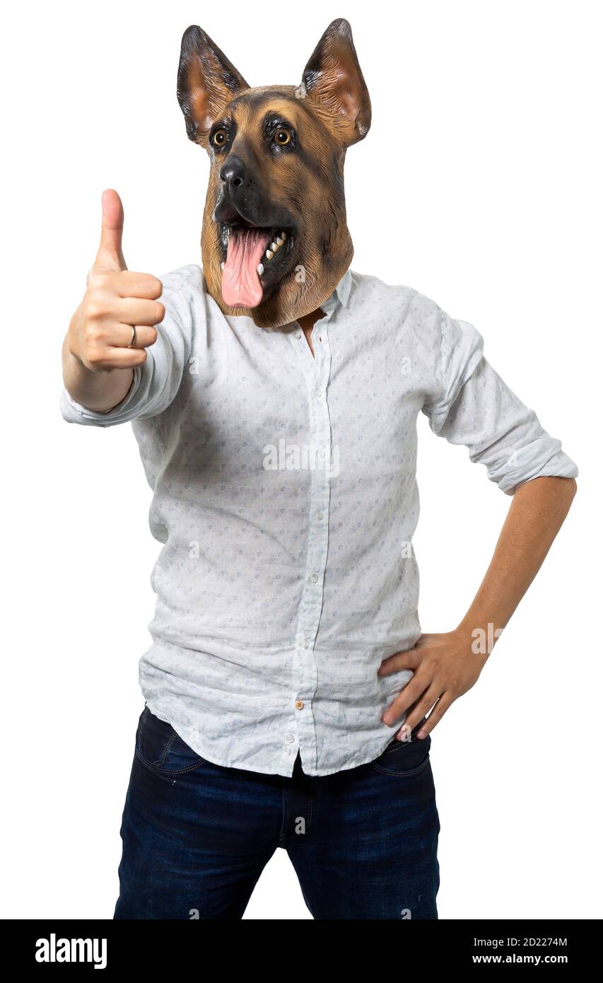 Man in dog mask giving thumbs up. Isolated white background. Medium