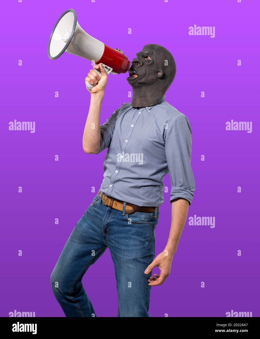 Man in gorilla mask yelling through megaphone. Isolated purple