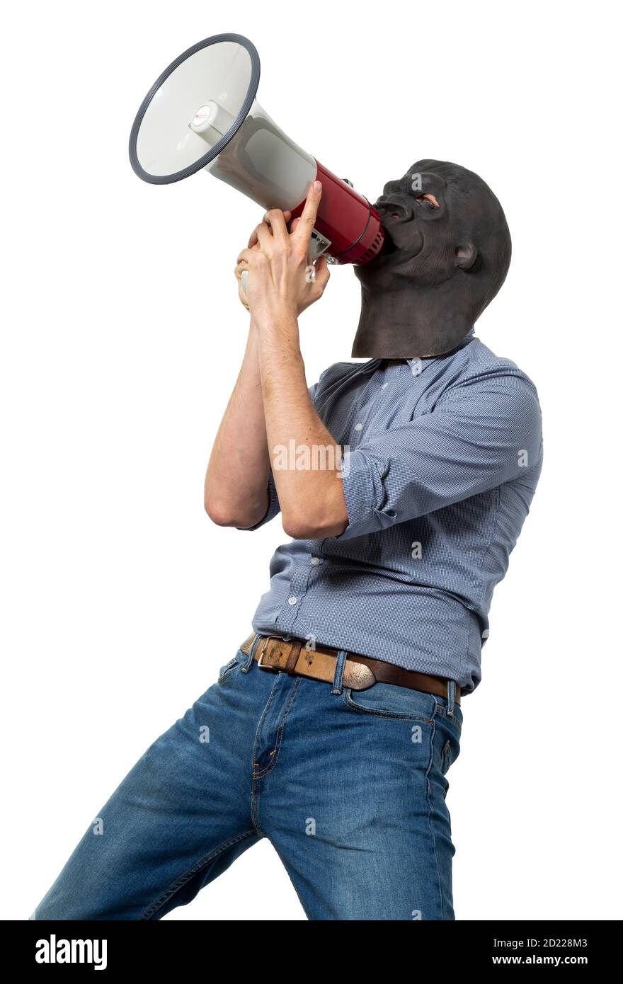 Man in gorilla mask screaming on megaphone. Isolated cutout on white background. Three quarter length. Stock Photo