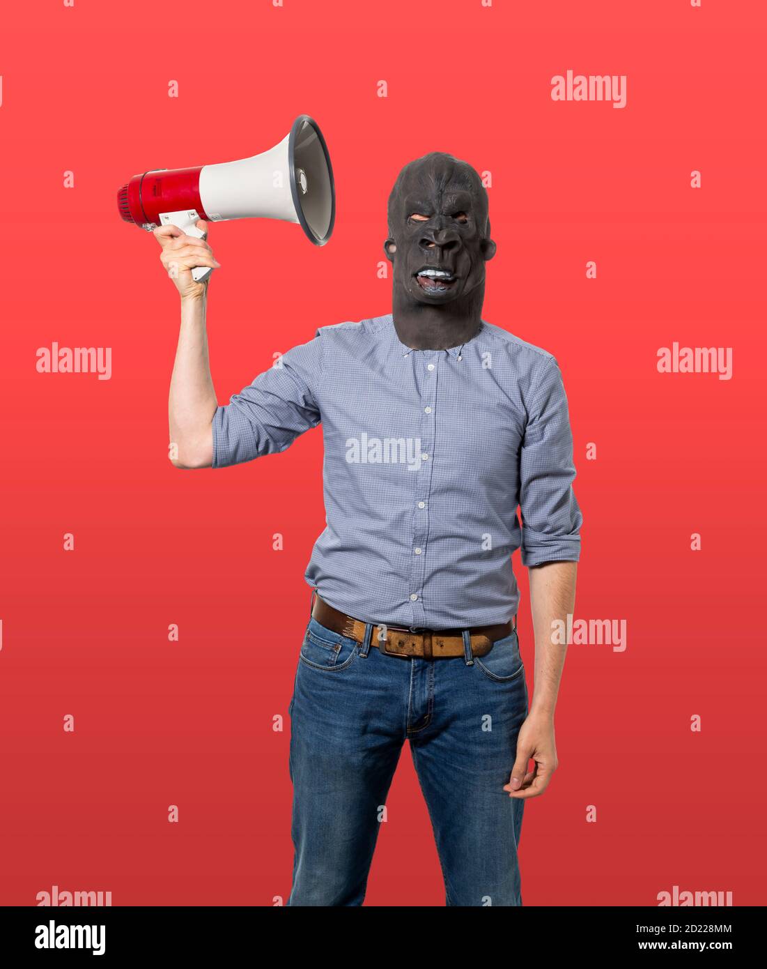 Man wearing gorilla mask holding up megaphone next to head. Isolated