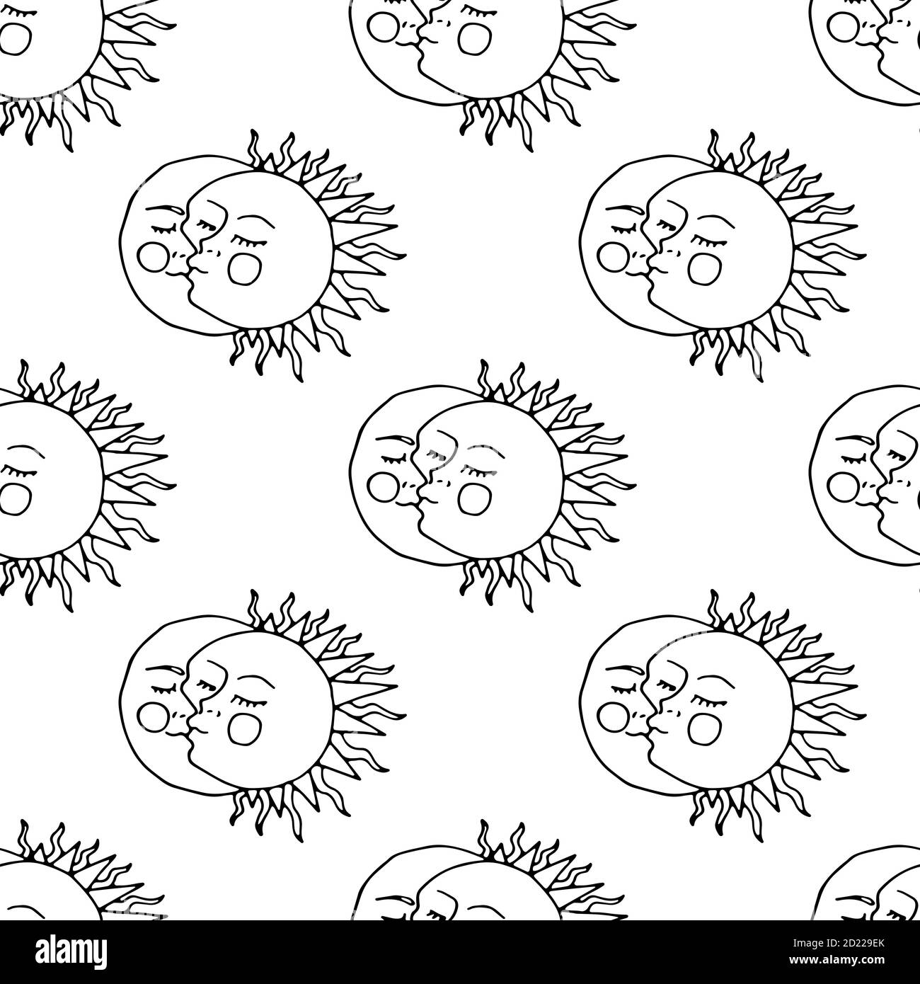 Monochrome seamless pattern with hand drawn kissing sun and crescent on ...