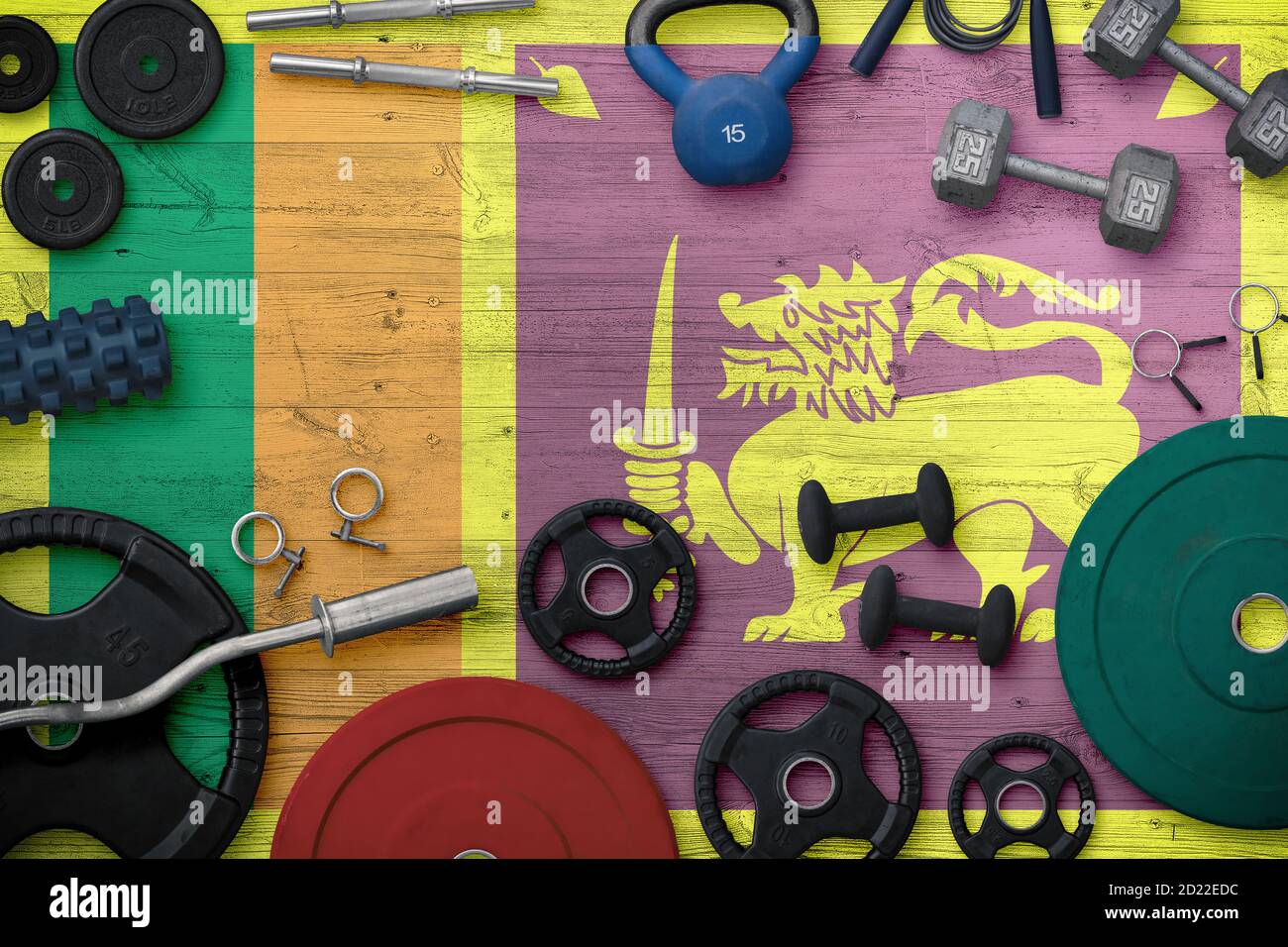 Sri Lanka sports and fitness concept. Top view of heavy weight plates