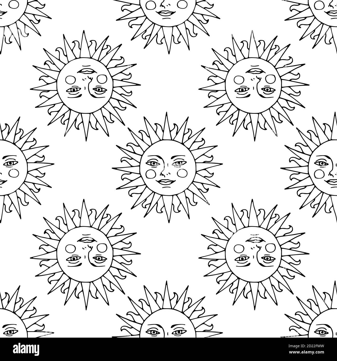 Monochrome seamless pattern with hand drawn sunshine on white ...