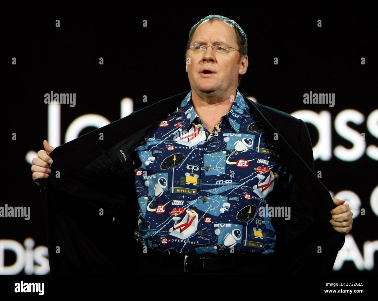 John Lasseter, Chief Creative Officer, Walt Disney and Pixar Animation  Studios asks the people in the back if his shirt is 