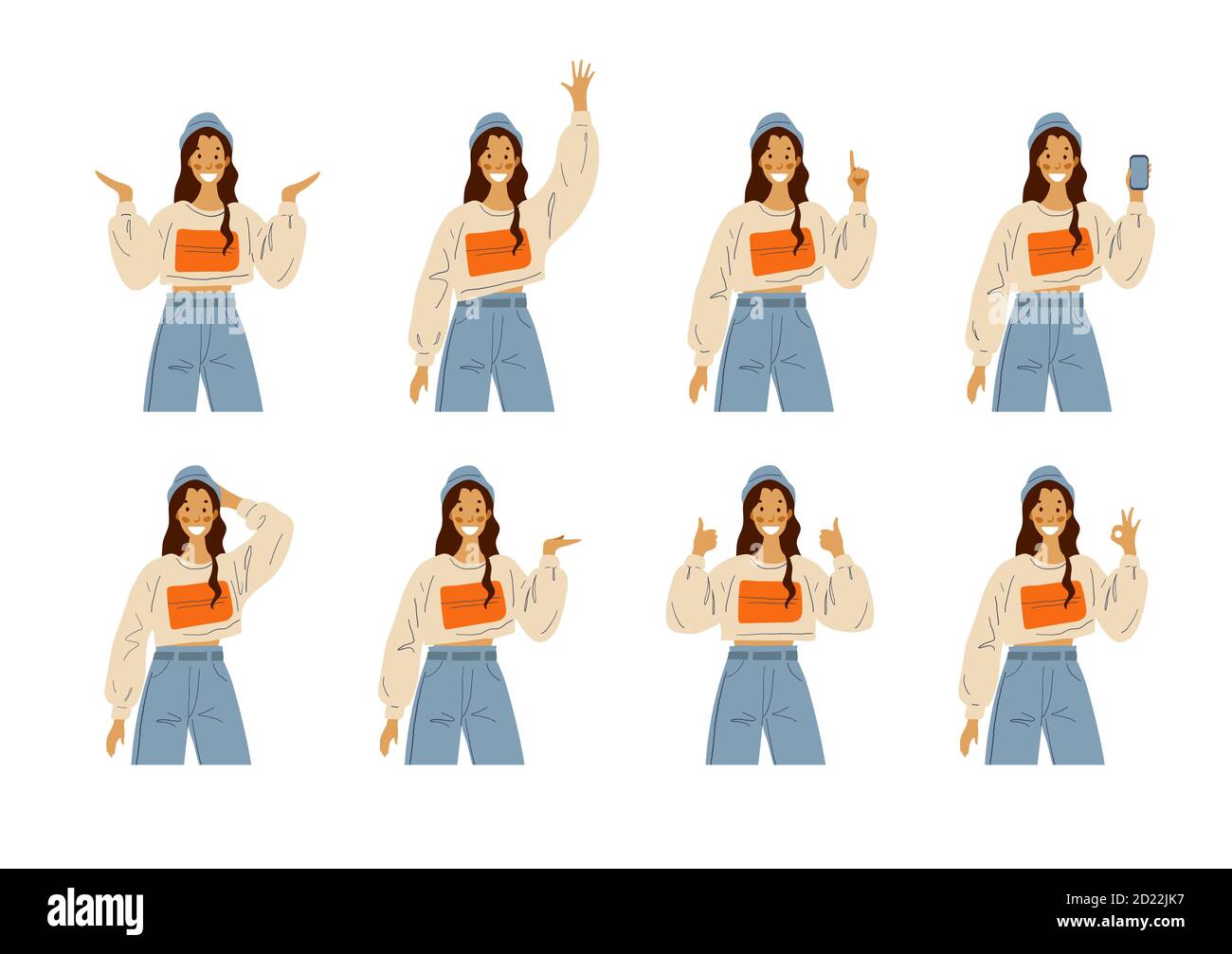 Happy girl in casual clothes shows different hand gestures. Ok, thumbs up, hello, phone in hand. Female character, student or schoolgirl. Flat vector illustration isolated on white background Stock Vector
