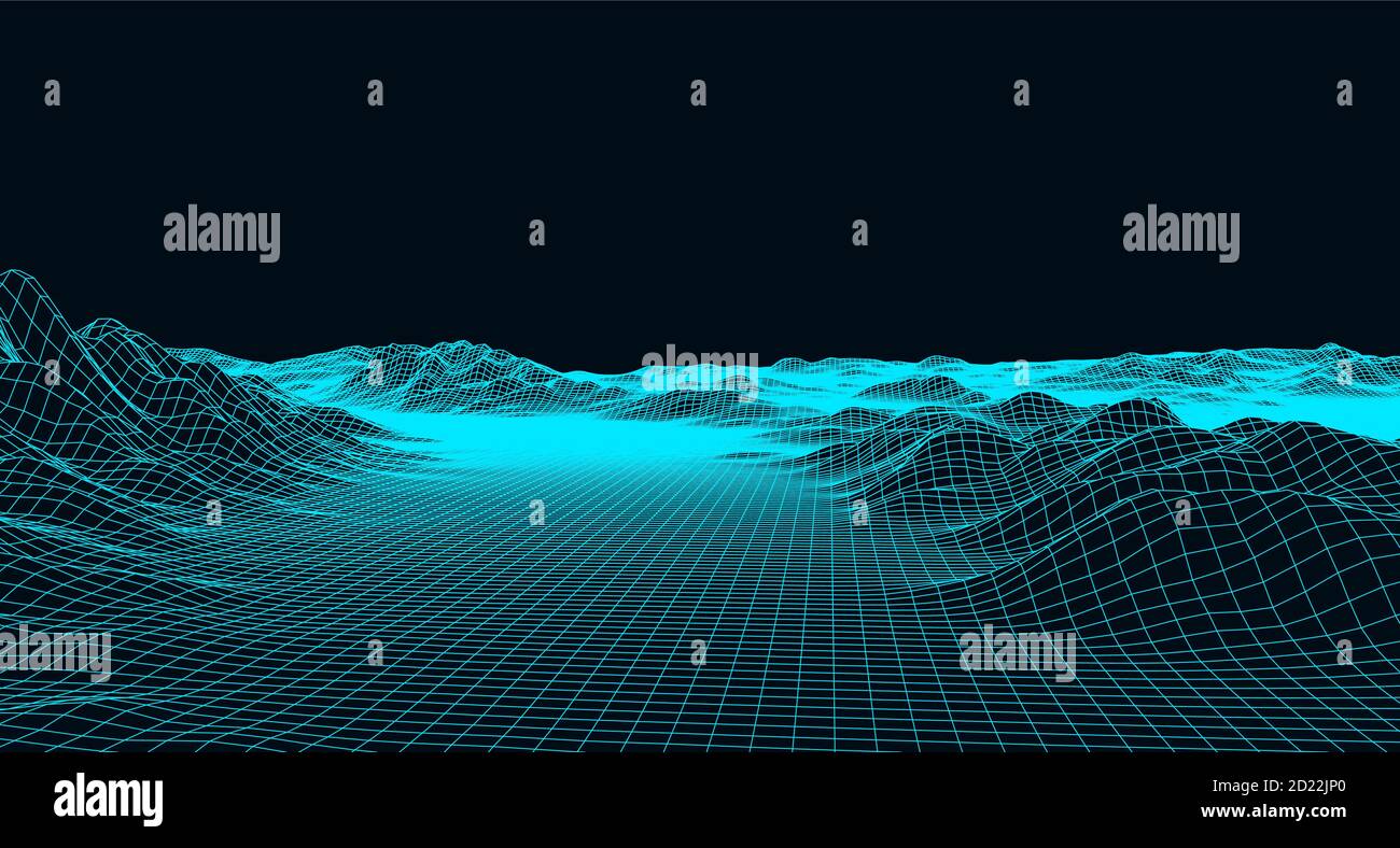 Vector futuristic background. Abstract digital landscape with particles dots on horizon. Wireframe landscape. Big Data. 80s Retro Sci-Fi Background Stock Vector