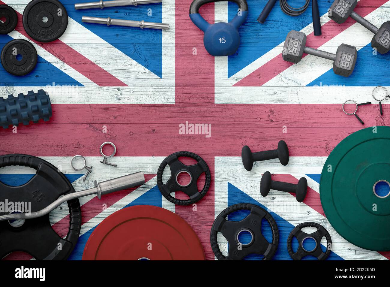 United Kingdom sports and fitness concept. Top view of heavy weight