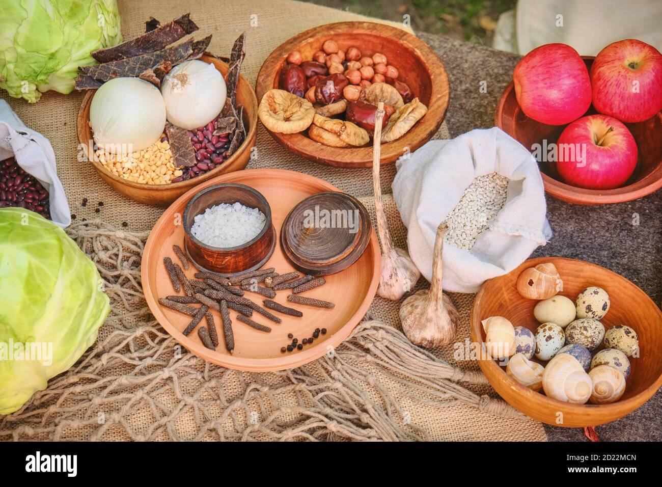 The food of the ancient Romans on the table, reconstruction. Salt, cereals, beans, apples, snails and cabbage. Food in the Roman Empire. Stock Photo