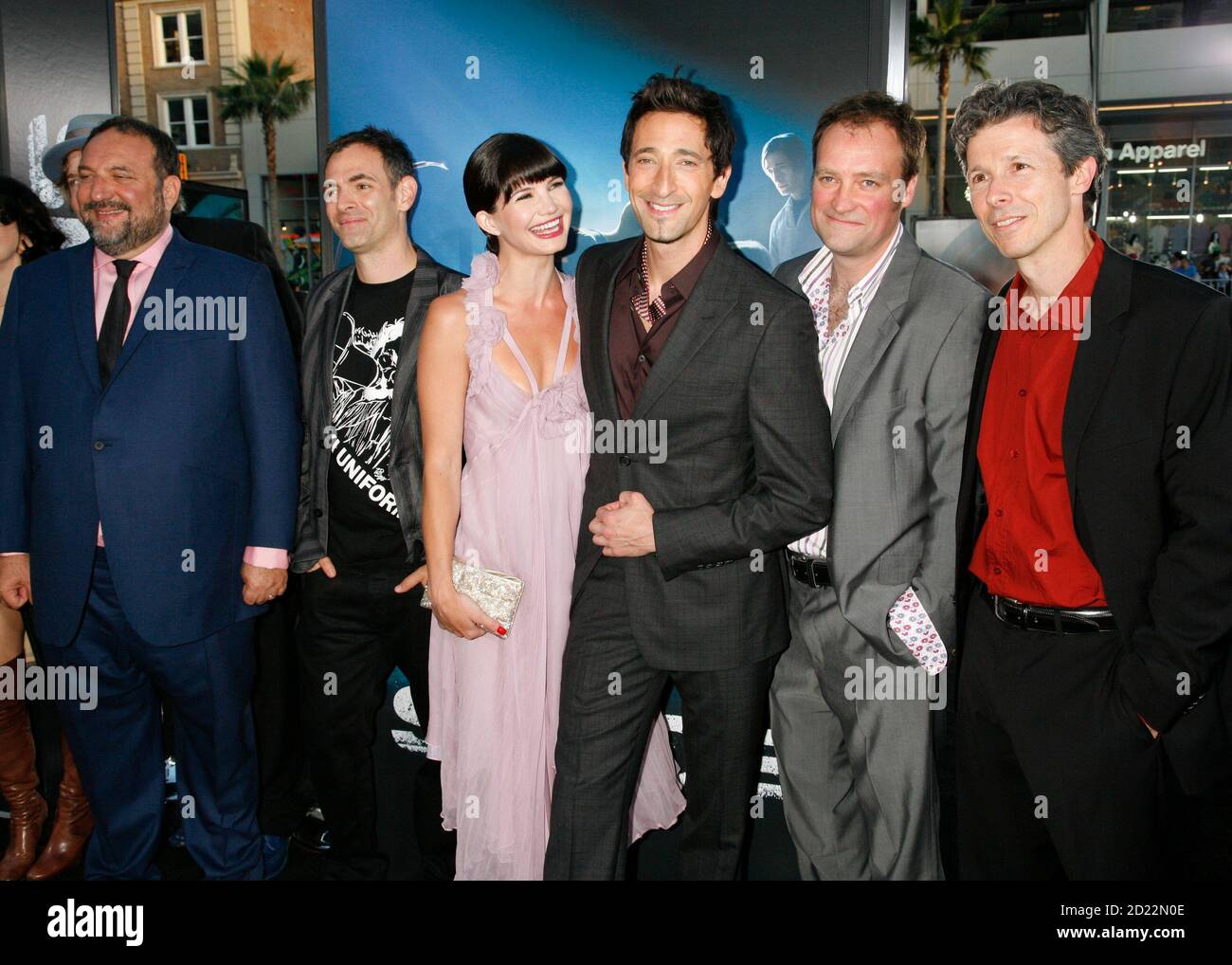 L-R) Producer Joel Silver, director Vincenzo Natali, cast members Delphine  Chaneac, Adrien Brody and David Hewlett and producer Steven Hoban arrive  for the premiere of the film "Splice" in Hollywood, California on