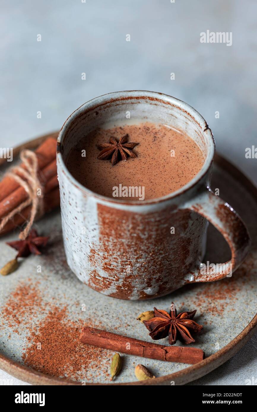 Traditional Indian masala tea with spices.Spiced tea with milk Stock