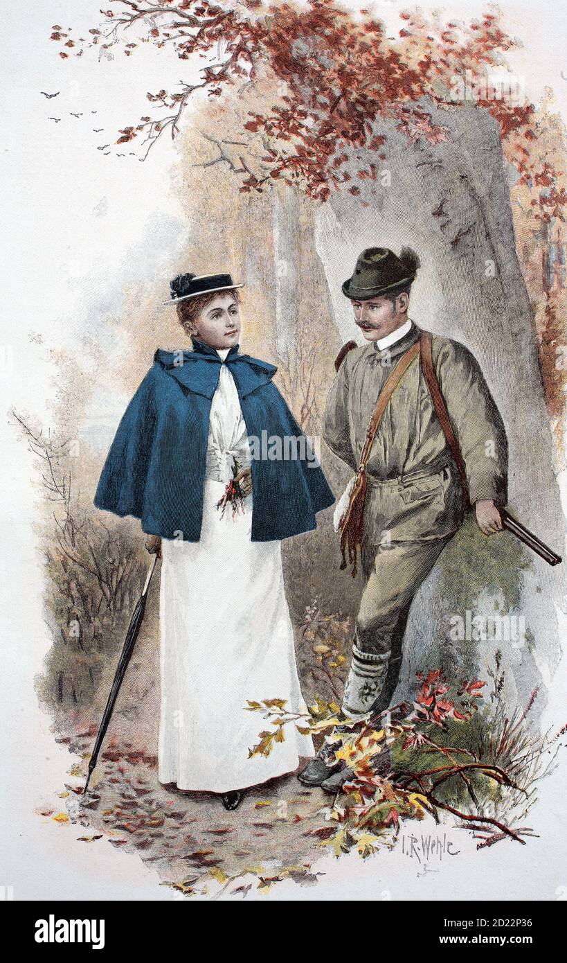 Hunter hits walker in autumn forest, Austria, 1880 / Jäger trifft  Spaziergängerin im Herbstwald, Österreich, 1880, Historisch, historical,  digital improved reproduction of an original from the 19th century /  digitale Reproduktion einer