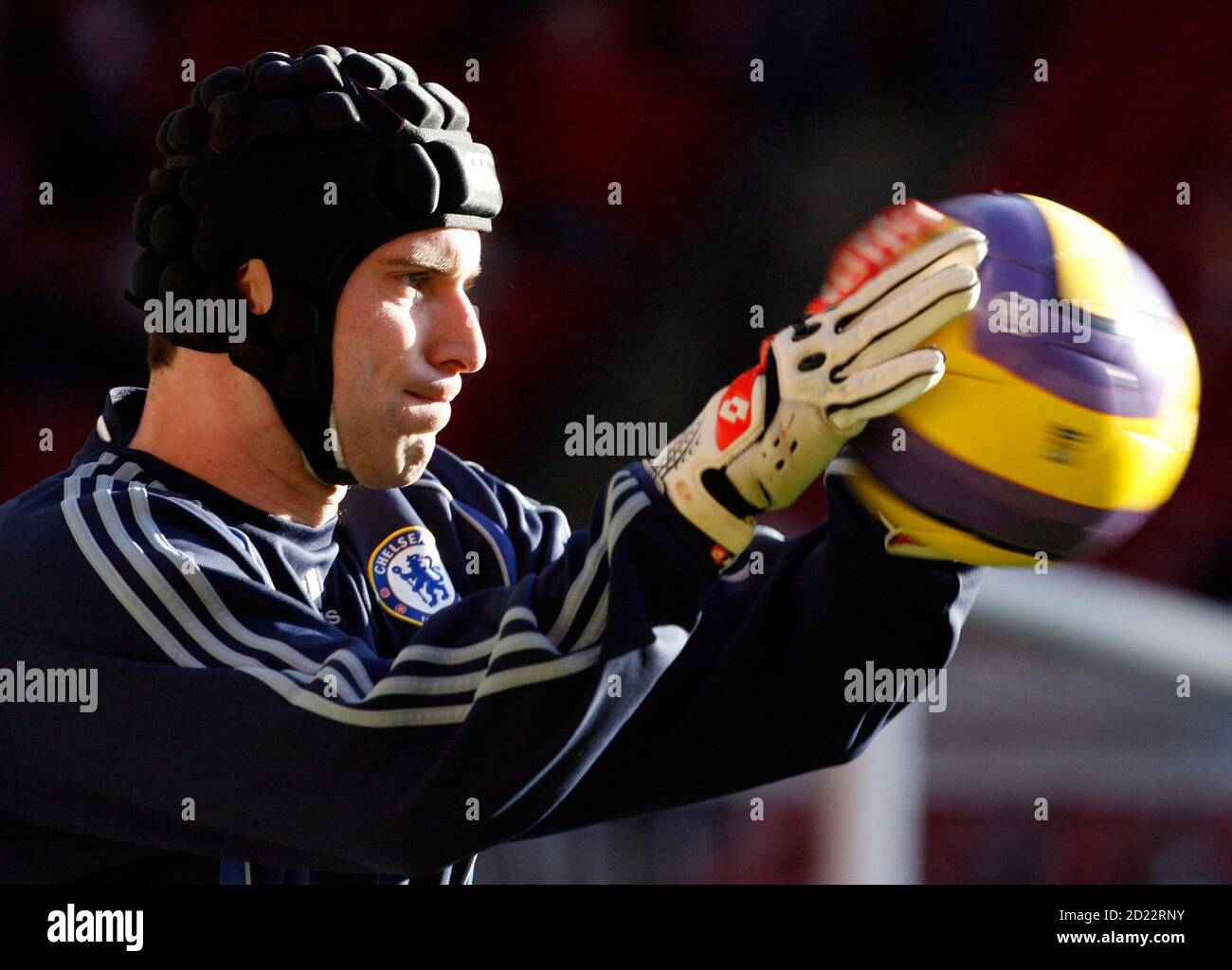 goalkeeper Petr Cech wears a skull cap 