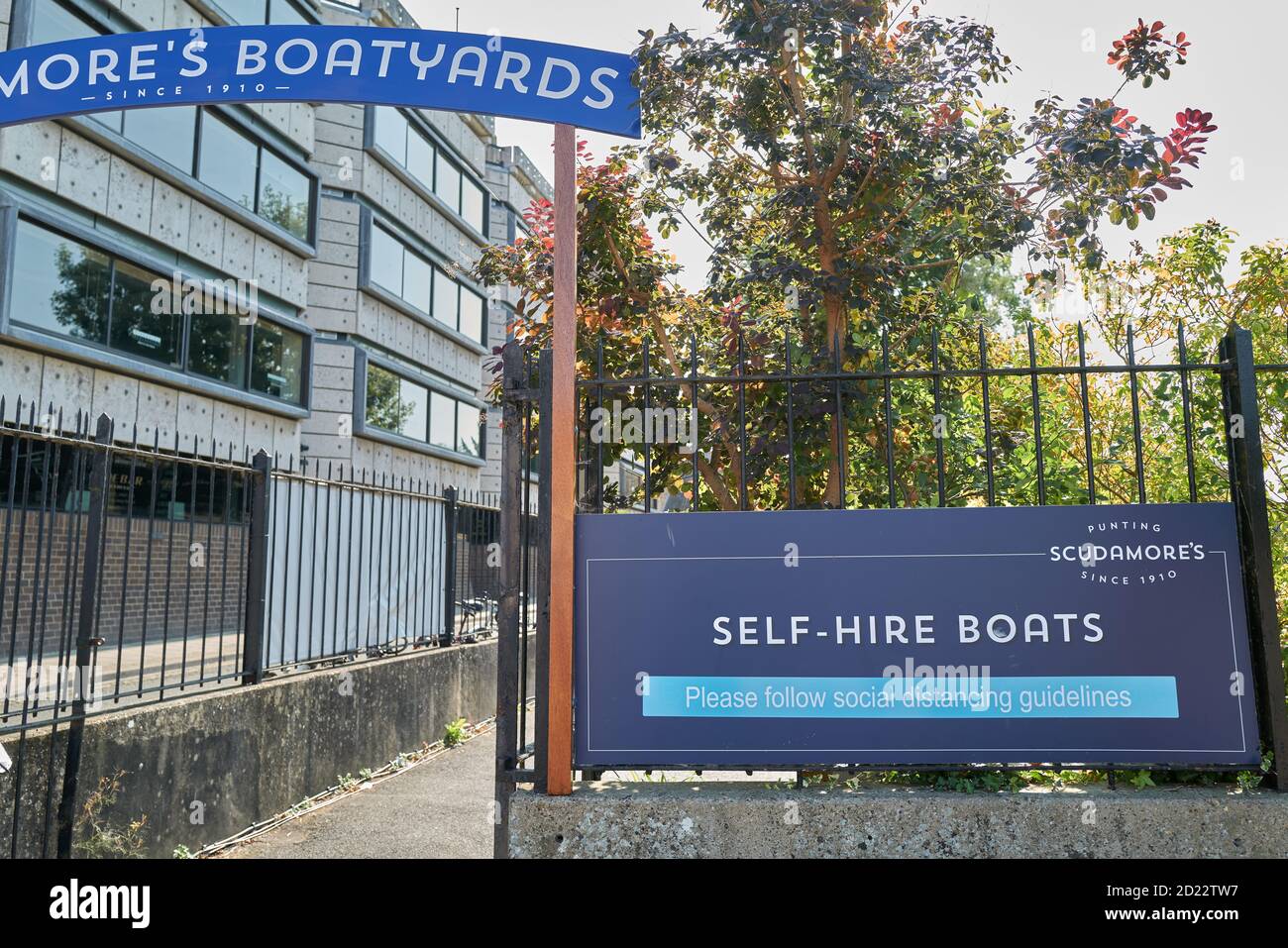 Entrance to Scudamore's boatyard for self-hire punts, Cambridge, England. Stock Photo