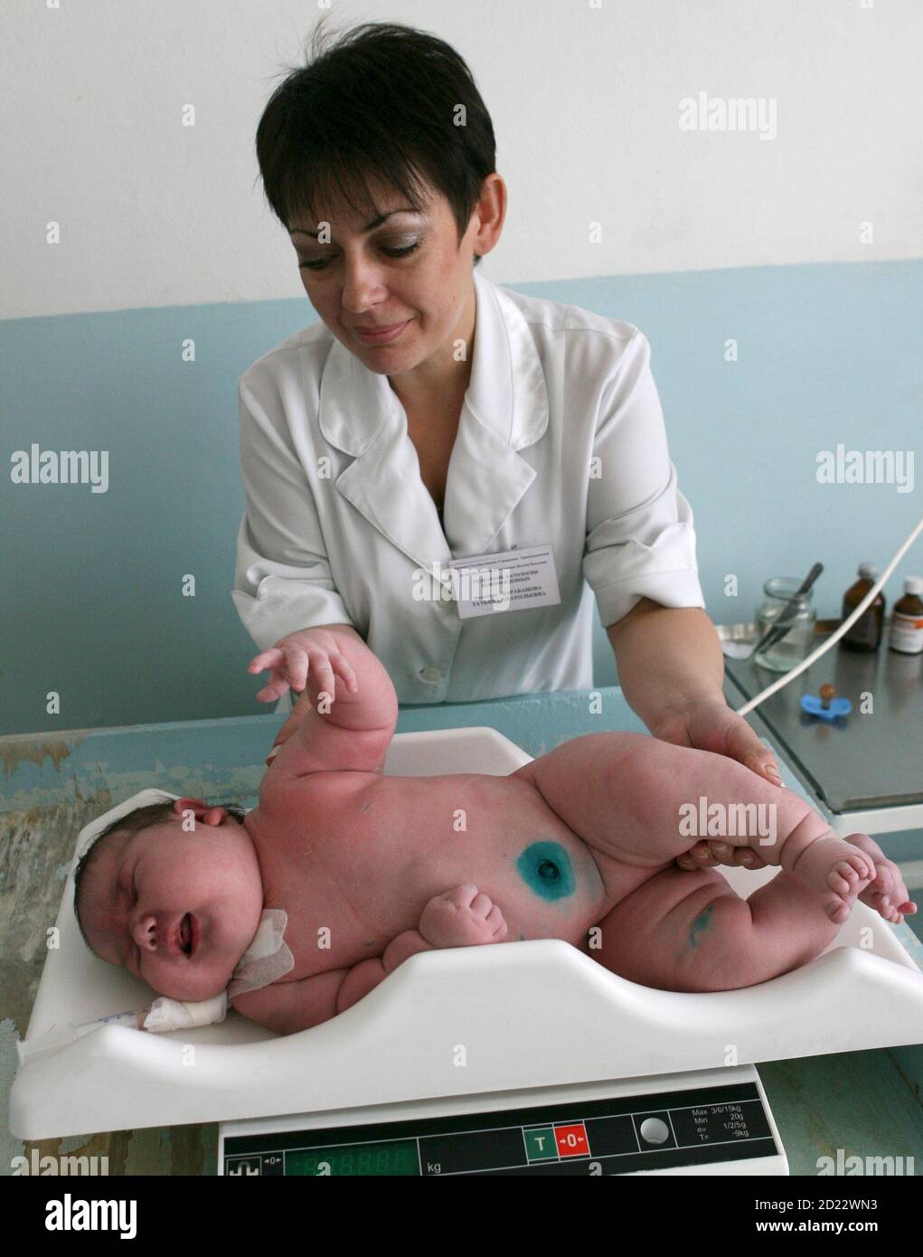 Baby girl Nadia, who weighed 7.75 kg (17.1 lbs) after birth, lies on a scale in the Siberian city of Barnaul September 26, 2007. One Siberian mother has done more than her fair share to heal Russia's dire population decline. Tatyana Khalina shocked her husband by giving birth to a 7.75 kg (17.1 lbs) baby girl this month, her 12th child.  Picture taken September 26, 2007.       REUTERS/Andrey Kasprishin (RUSSIA) Stock Photo