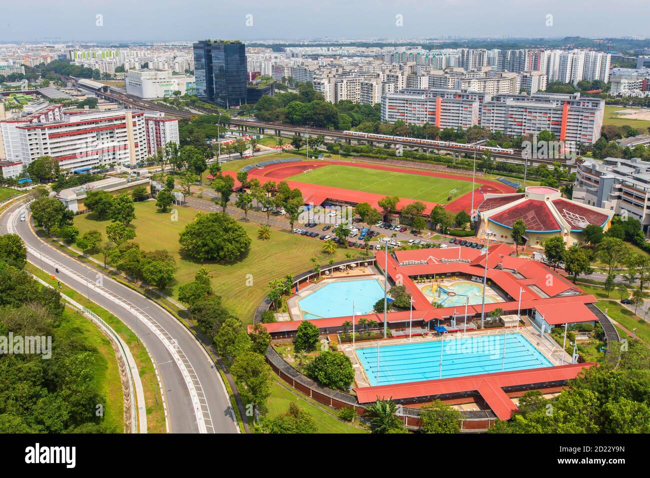 Aerial view of Woodlands civic infrastructure that consists of housings, swimming pools, stadium, offices, shopping malls, train station and more. Stock Photo