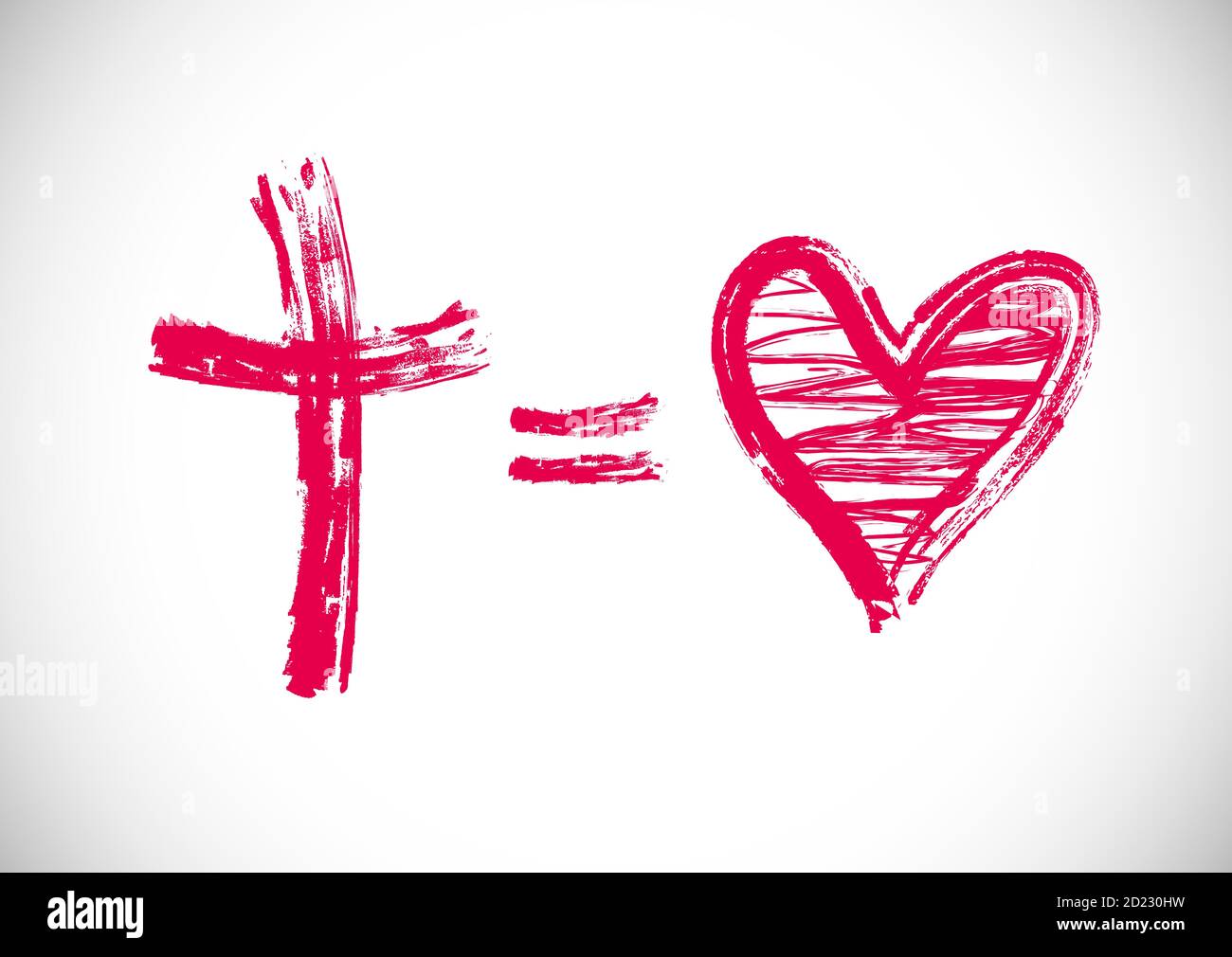 God Is Love greeting card. Cross equals heart shape creative logo. Religious christian logotype concept. Stroke symbol in brush and chalk monochrome. Stock Vector
