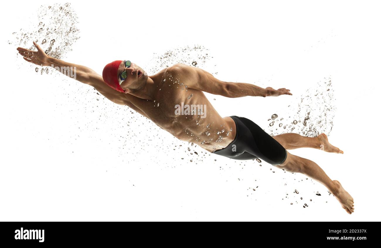 To top. Caucasian professional sportsman, swimmer training ...