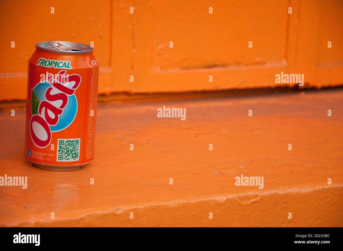 PARIS, FRANCE DECEMBER 27, 2015 Empty Oasis orange soft drink can