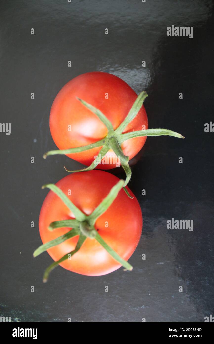 Close up ripe red tomatoes fresh juicy fruit harvested from organic garden bush home grown Summer for raw vegan vegetarian salad picnic birds eye view Stock Photo