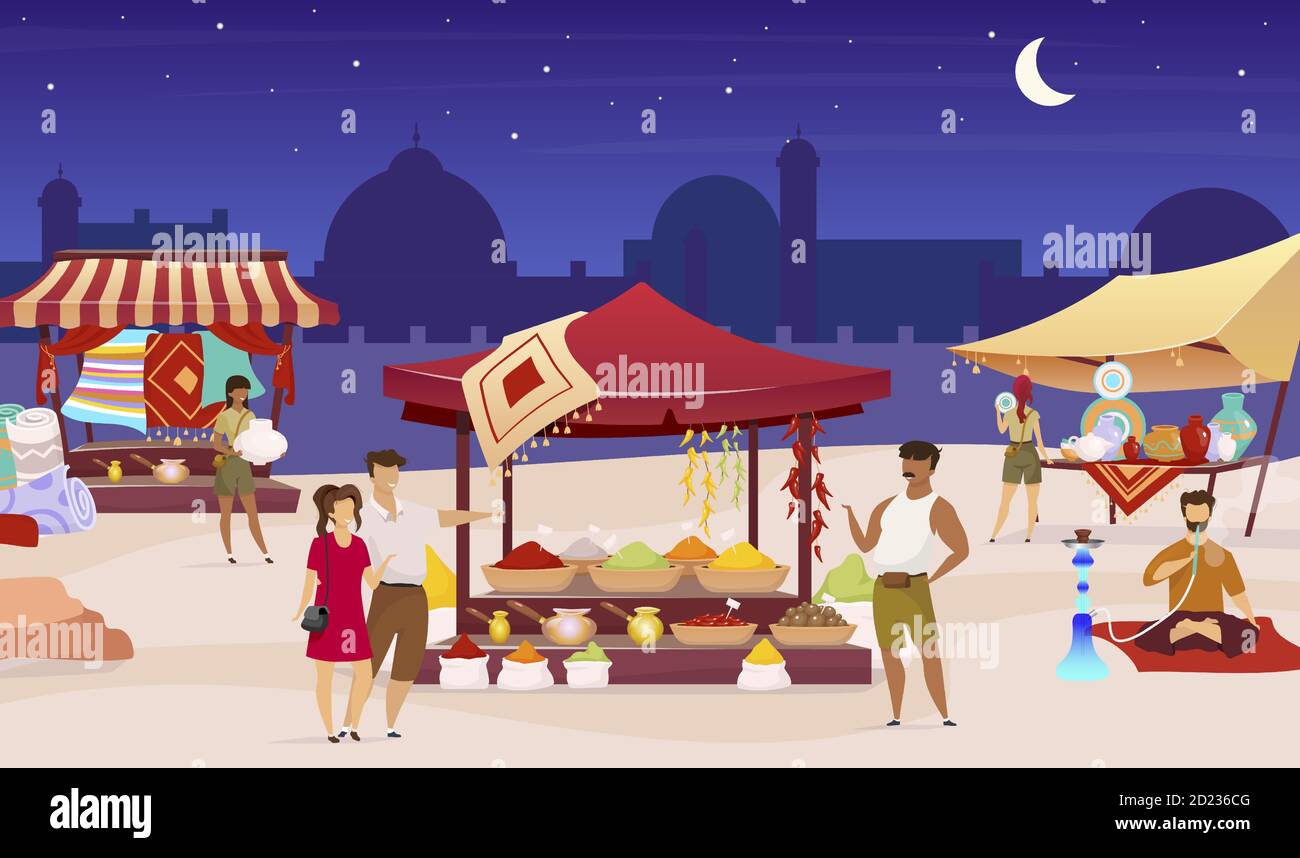 Turkish night market flat color vector illustration. Arabic bazaar, street fair. Tourists, foreigners buying souvenirs, spices faceless cartoon Stock Vector