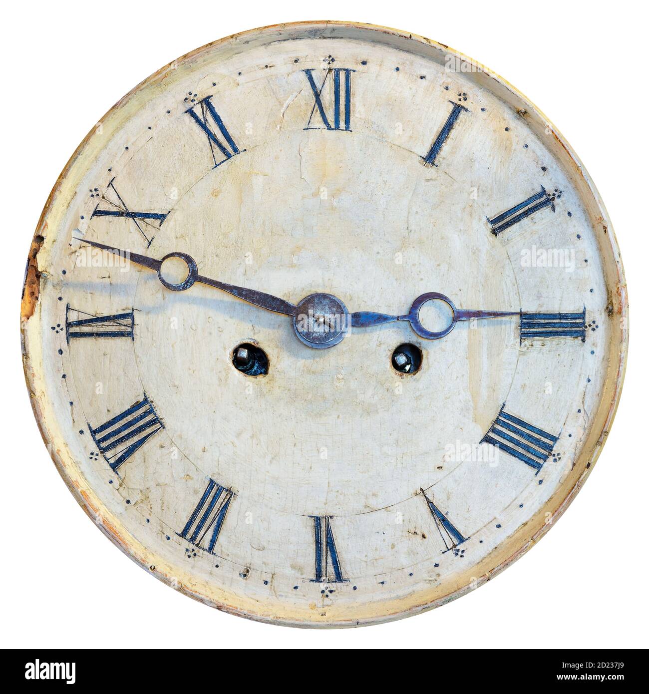 Ancient weathered clock face with faded numbers isolated on a white background Stock Photo