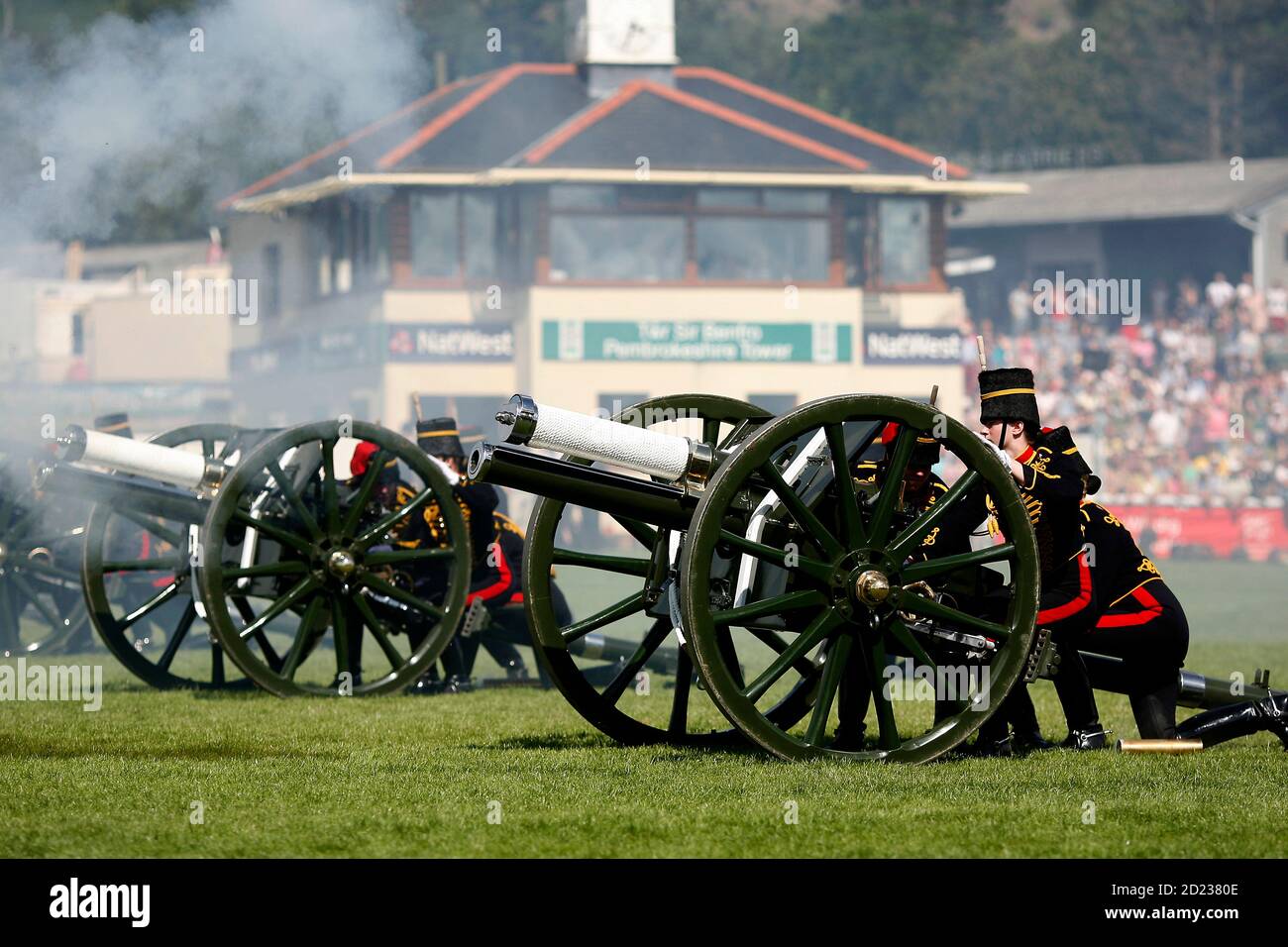 Royal Welsh Show Llanelwedd, 24th of July 2014. The Kings Troop Royal Horse Artillery entertain the crowds in the main ring at the show near Builth We Stock Photo