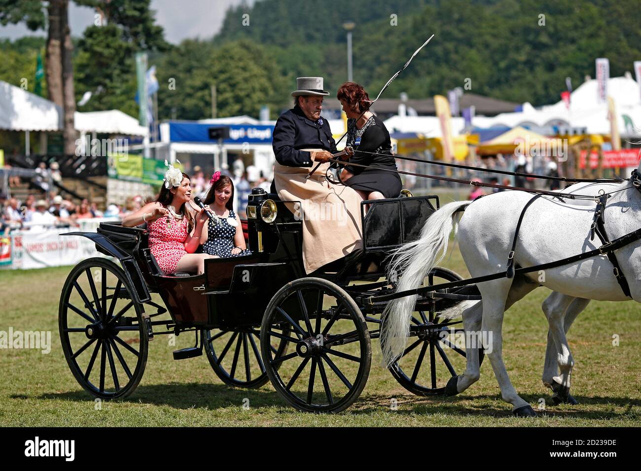 Royal Welsh Show Llanelwedd, 21st of July 2014. Lady Ambassador Laura Thomas of the feature county Radnorshire, takes a ride around the Main Ring  at Stock Photo
