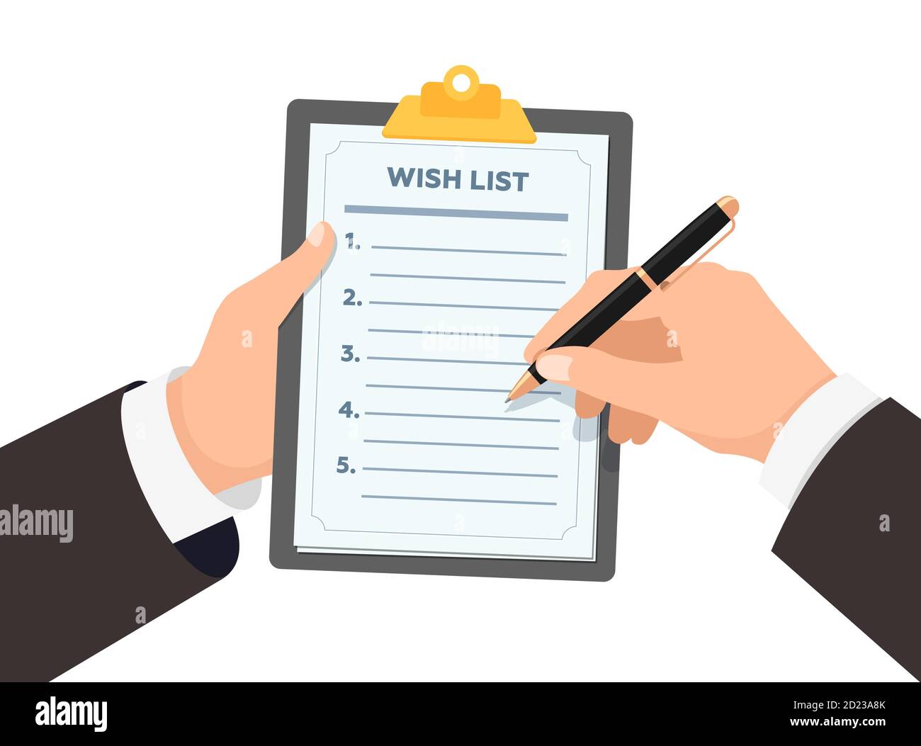 Businessman hands holding clipboard with wish list. Business man with pen writes down wishes on paper wishlist form flat eps vector illustration Stock Vector